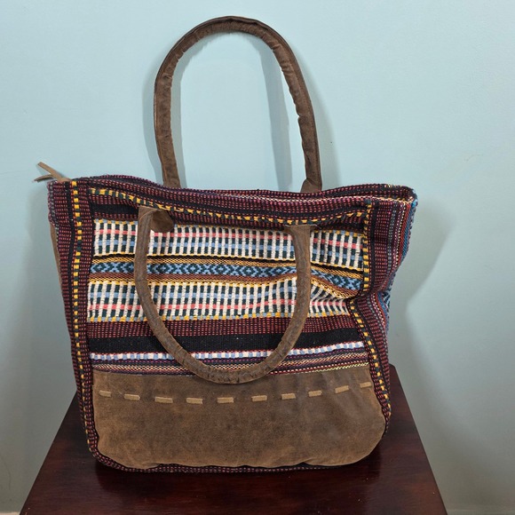 Toni Handbags - Toni Boho Woven Textile Suede Leather Trim Tote Shoulder Bag Multi-Color‎ Large